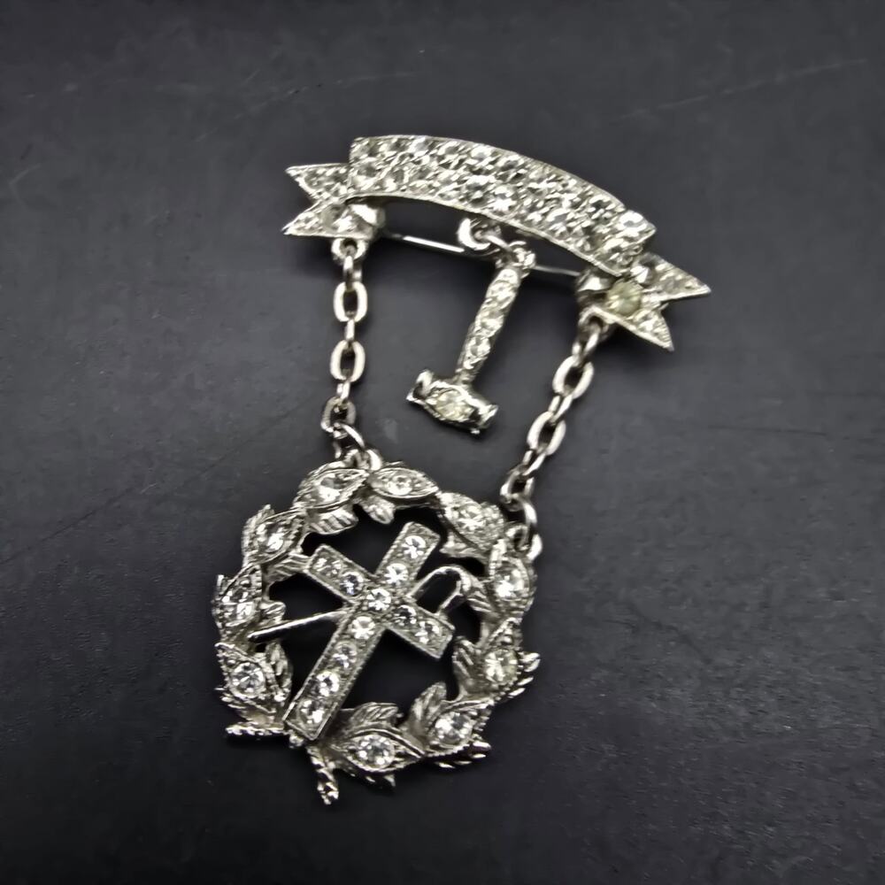 Ora Silver Tone Rhinestone Masonic Brooch Vintage Costume Jewelry